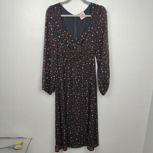 Female Form Star Print Midi Dress Womens Large Black Semi-Sheer Peasant Boho‎